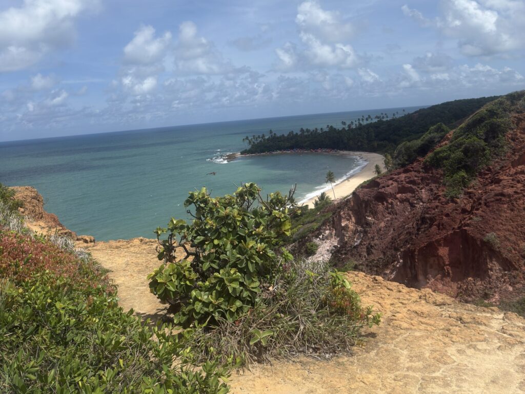 Fila de quadriciclos acompanhando o guia pelas trilhas do Litoral Sul com o mar azul ao fundo.