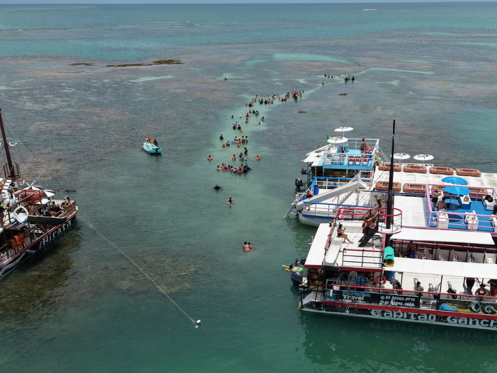 Turistas com água na cintura nas piscinas de Picãozinho contemplando a orla e os prédios de João Pessoa ao fundo.