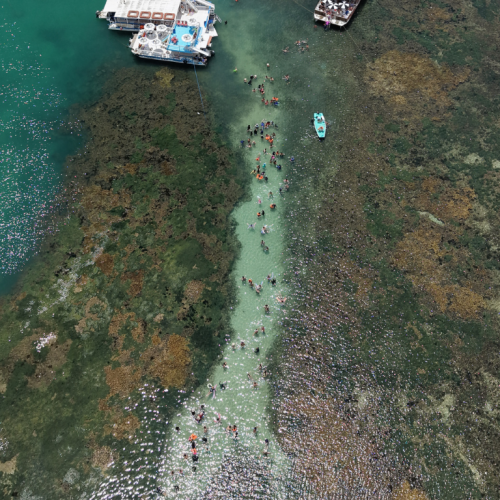 Vista aérea aproximada das águas verde-esmeralda cobrindo os recifes de corais preservados em Picãozinho na maré baixa.