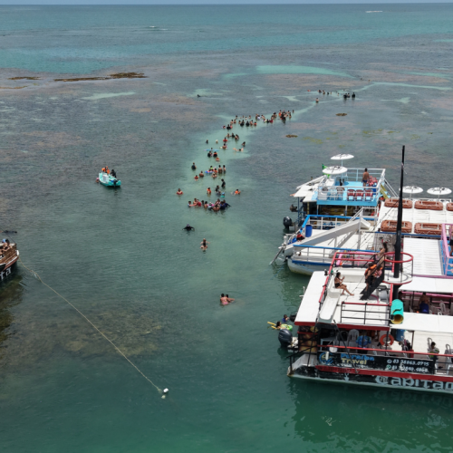 Turistas com água na cintura nas piscinas de Picãozinho contemplando a orla e os prédios de João Pessoa ao fundo.