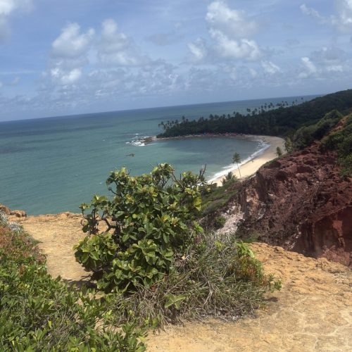 Fila de quadriciclos acompanhando o guia pelas trilhas do Litoral Sul com o mar azul ao fundo.