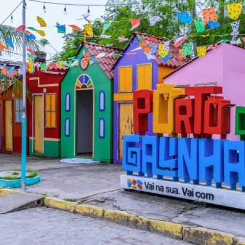 Porto de Galinhas, Pernambuco, Brazil - June 15, 2022:Scenery and decoration of the São João party and plaque with the name of Porto de Galinhas.